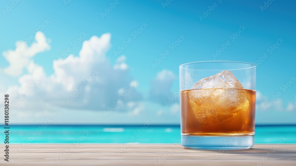A glass of whiskey with ice on a wooden table by the ocean A glass of whiskey with ice on a wooden table by the ocean