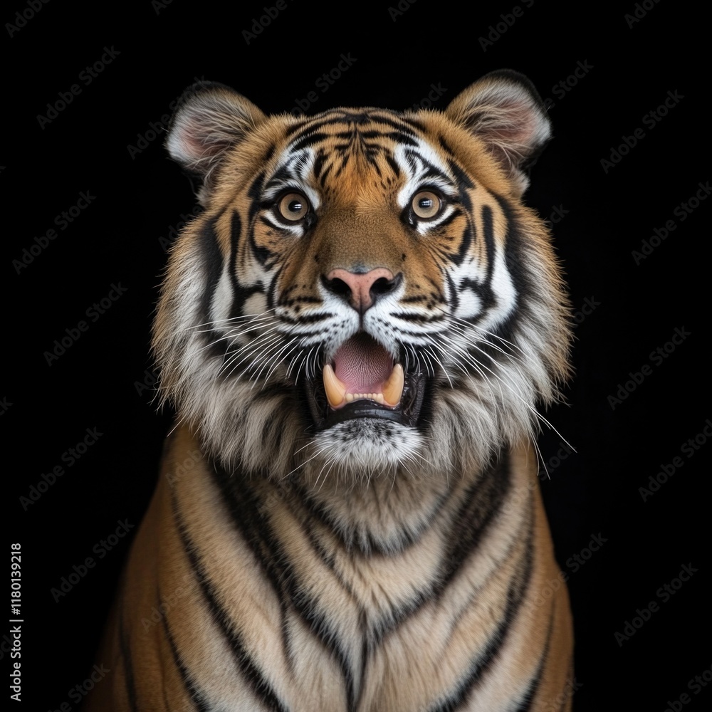 Fototapeta premium A close-up view of a tiger's open mouth, ideal for wildlife or animal-related contexts