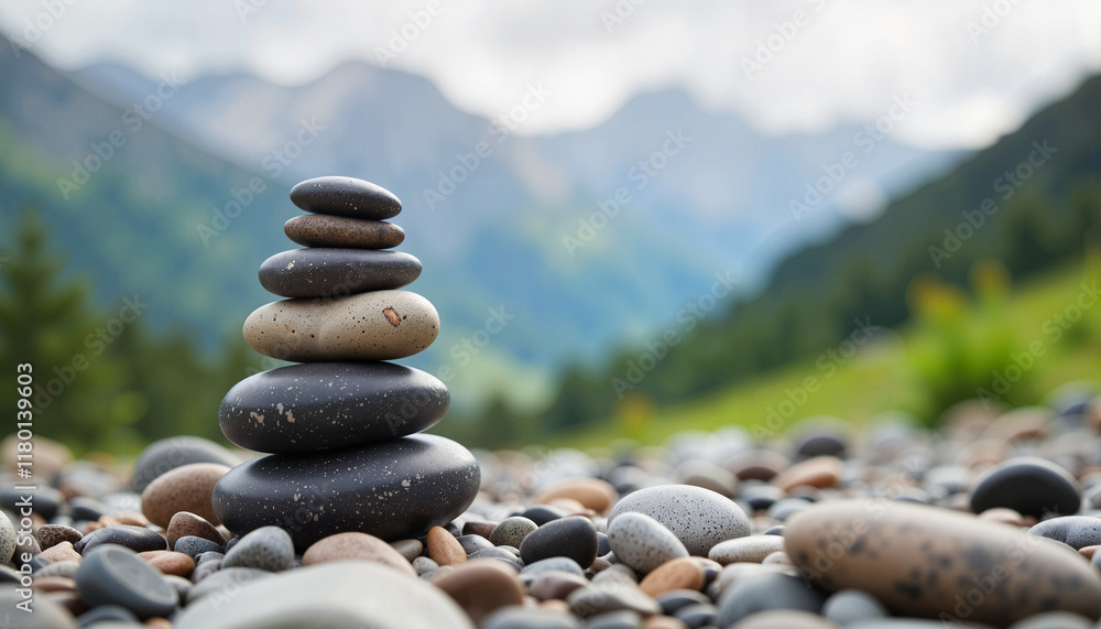 Balanced hematite pebble stack on rocky terrain, natural harmony Balanced hematite pebble stack on rocky terrain, natural harmony