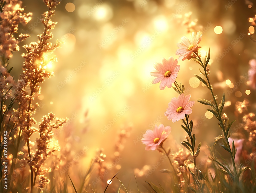 Soft sunlight illuminating pink flowers in a field. Soft sunlight illuminating pink flowers in a field.