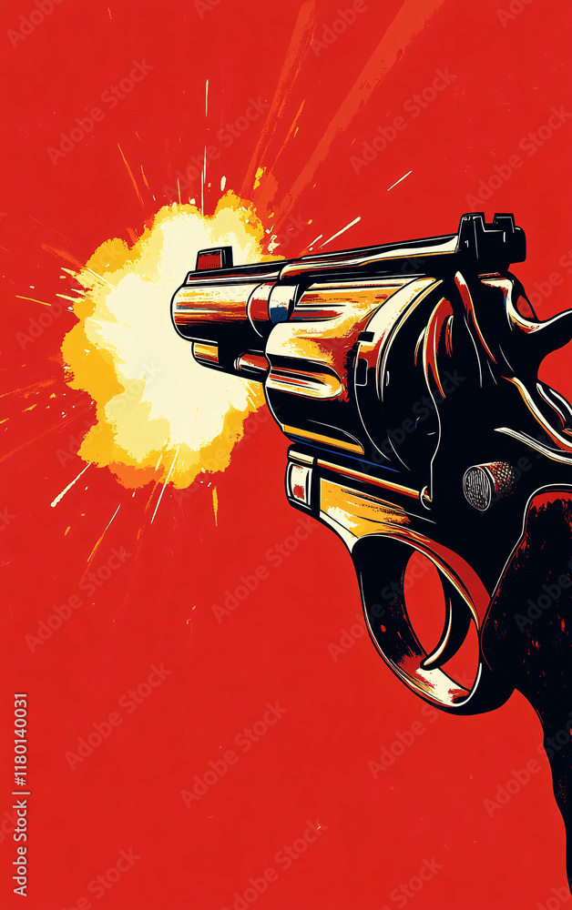 Obraz premium Dynamic Vector Illustration of an Old Revolver Firing with Flames and Sparks, Highlighting Classic Firearm Design and Action Themes