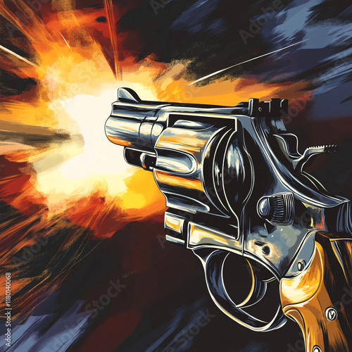 Dynamic Vector Illustration of an Old Revolver Firing with Flames and Sparks, Highlighting Classic Firearm Design and Action Themes photo