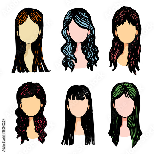 set ,The World of Colorful Hairstyles, drawn vector illustrations showcasing six distinct hairstyles, each represented on a faceless head to highlight the hair itself.