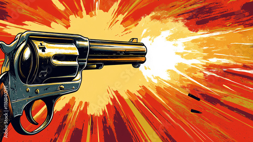 Dynamic Vector Illustration of an Old Revolver Firing with Flames and Sparks, Highlighting Classic Firearm Design and Action Themes photo