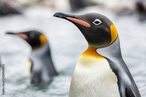 Two penguins wading in the sea photo