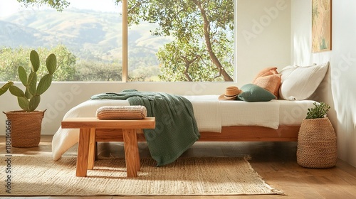  A tidy bedroom featuring a well-made bed adjacent to a window and a potted plant nearby on the bedside