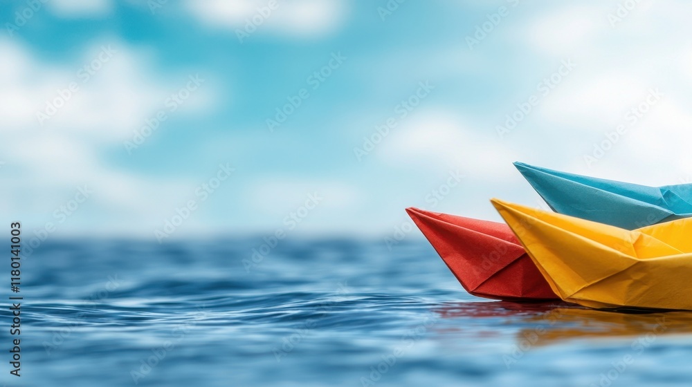 Fototapeta premium Three colorful paper boats floating in the ocean