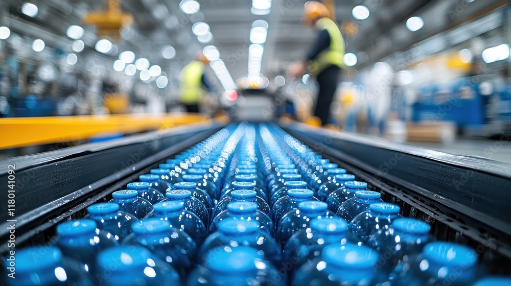 Bottles on conveyor belt, workers in factory, industrial process, stock photo use. Bottles on conveyor belt, workers in factory, industrial process, stock photo use.