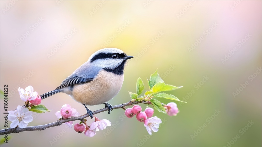 Obraz premium A small bird sitting on a branch with pink flowers