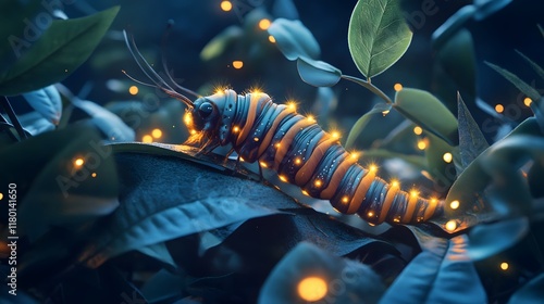 Glowing Caterpillar in Surreal Nighttime Forest Landscape photo