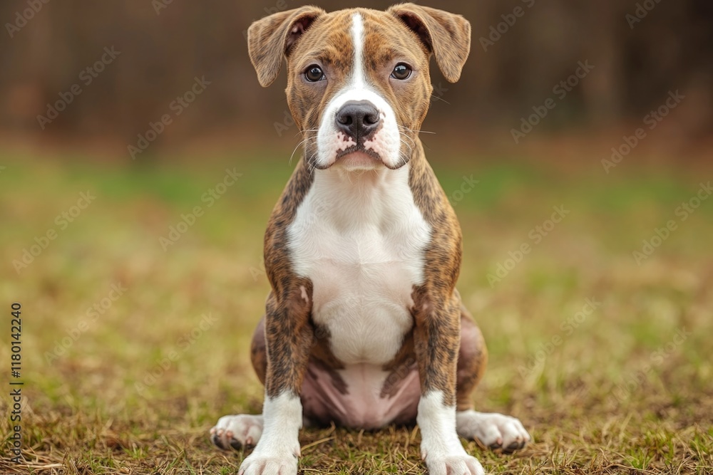 A brown and white dog sits on top of a grassy field, enjoying the outdoor scenery A brown and white dog sits on top of a grassy field, enjoying the outdoor scenery