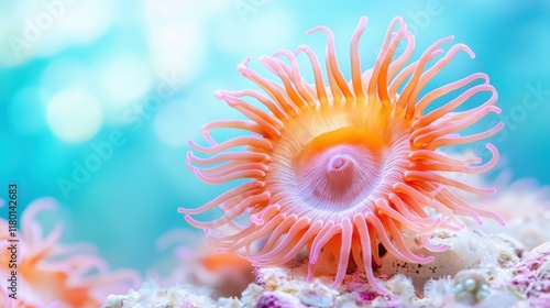 Anemone in an aquarium with a blue background