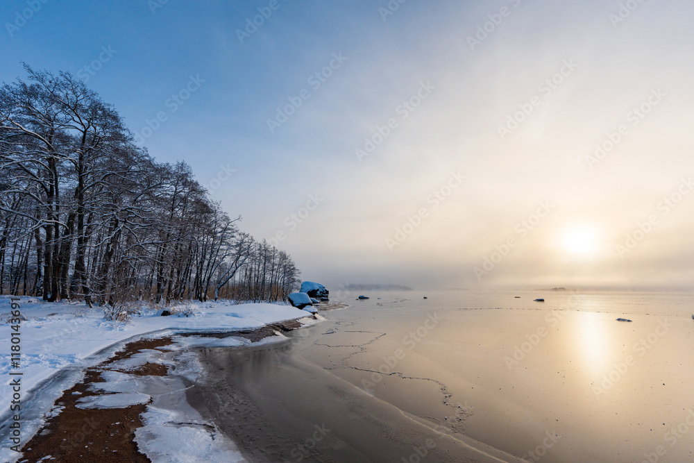 Low winter sun over the Gulf of Finland. Low winter sun over the Gulf of Finland.