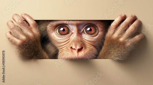A monkey peeking out from behind a blank sign