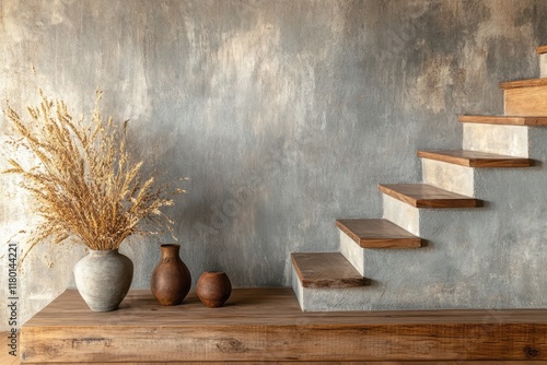 A wall with a concrete texture, a modern rustic interior design, a wooden staircase and console table, vases on the side, natural materials, a beige color palette, and warm lighting photo