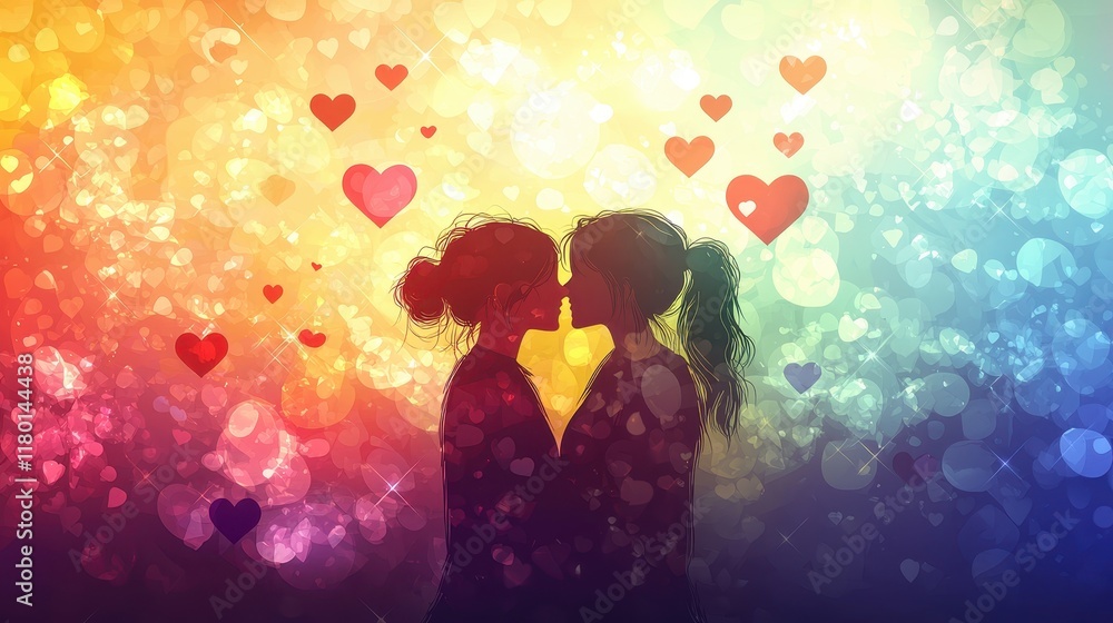Flat design illustration of an LGBTQ couple silhouetted with colorful hearts and a vibrant rainbow background Flat design illustration of an LGBTQ couple silhouetted with colorful hearts and a vibrant rainbow background