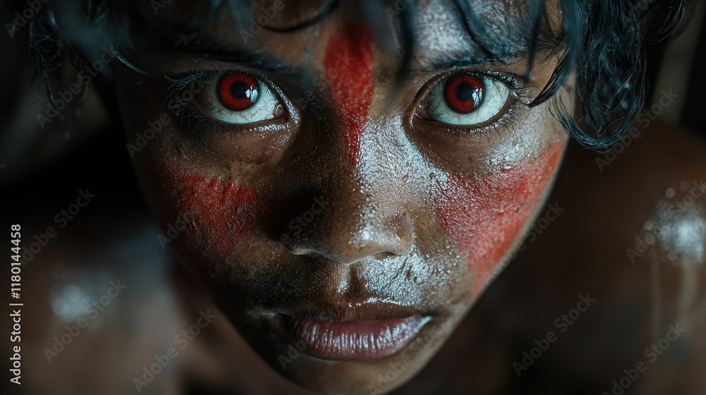 A close up of a child's face with red eyes A close up of a child's face with red eyes