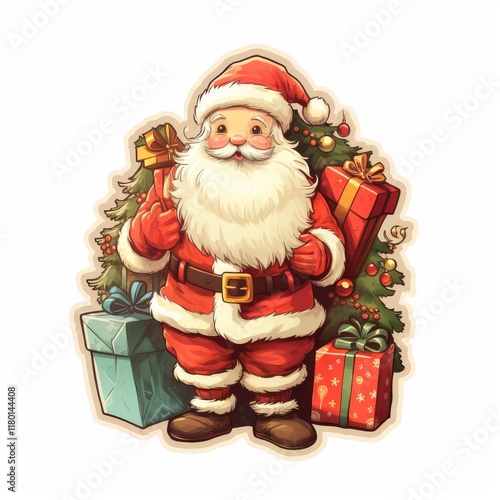 sticker sticker. Santa Claus at a small Christmas tree with gifts