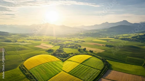 Heart Shaped Agricultural Landscape with Patchwork Fields in Vibrant Sunrise Scene