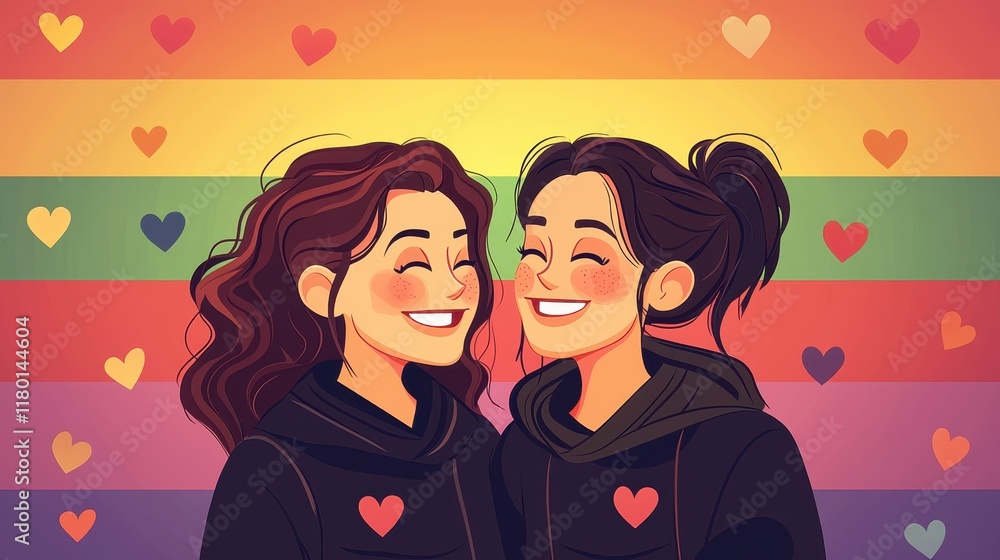 Joyful LGBTQ Couple Illustration with Vibrant Colors and Heart Motifs Celebrating Love and Acceptance Joyful LGBTQ Couple Illustration with Vibrant Colors and Heart Motifs Celebrating Love and Acceptance