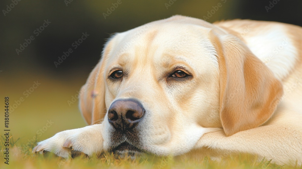 A yellow labrador retriever laying in the grass looking at the camera A yellow labrador retriever laying in the grass looking at the camera