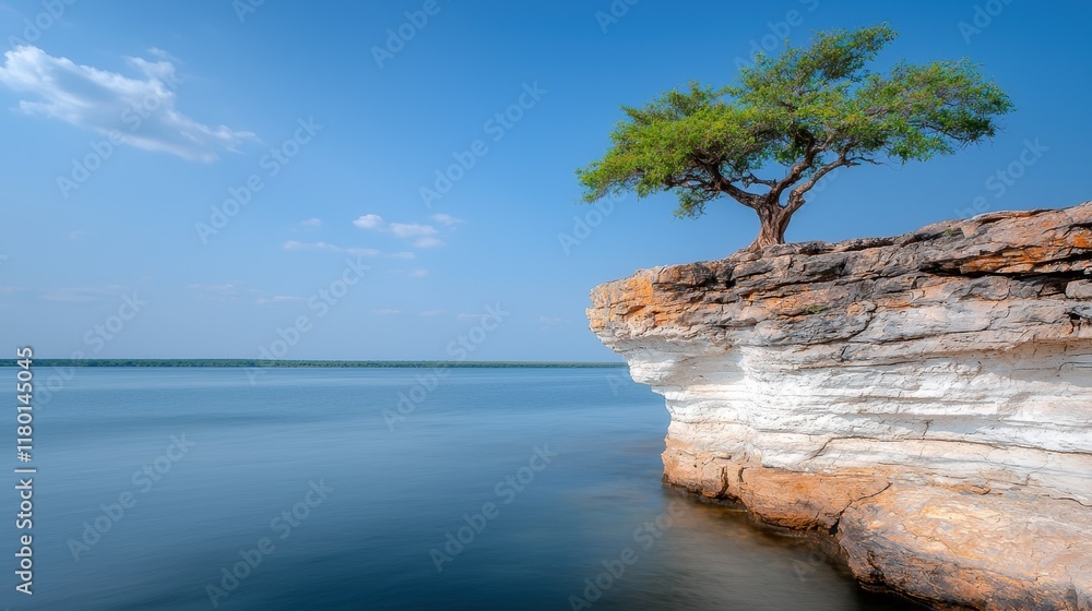 A lone tree sitting on top of a cliff by the water A lone tree sitting on top of a cliff by the water