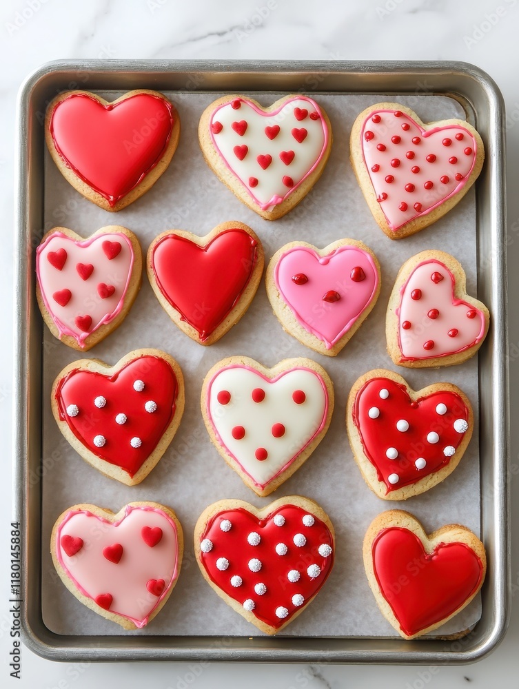 A tray of heart-shaped sugar Saint Valentines Day cookies decorated with red and pink icing. Some have polka dots on top, and all the cookies have different shapes A tray of heart-shaped sugar Saint Valentines Day cookies decorated with red and pink icing. Some have polka dots on top, and all the cookies have different shapes