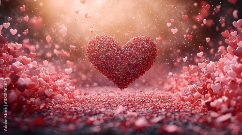 Heartfelt Celebration: A 3D rendered heart, composed of countless smaller hearts, floats amidst a shower of falling hearts, creating a magical, romantic atmosphere. Perfect for Valentine's Day, love.