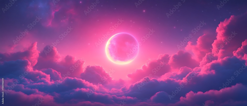 Pink crescent moon over fluffy clouds at night. Pink crescent moon over fluffy clouds at night.