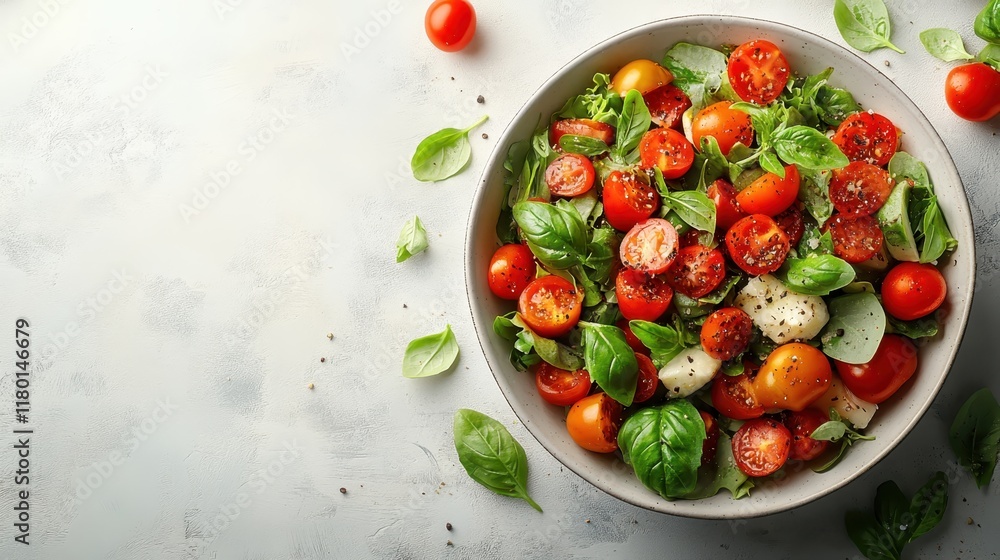 A top-down view of a healthy salad bowl with fresh ingredients and a large empty space in the center for text on dark background A top-down view of a healthy salad bowl with fresh ingredients and a large empty space in the center for text on dark background