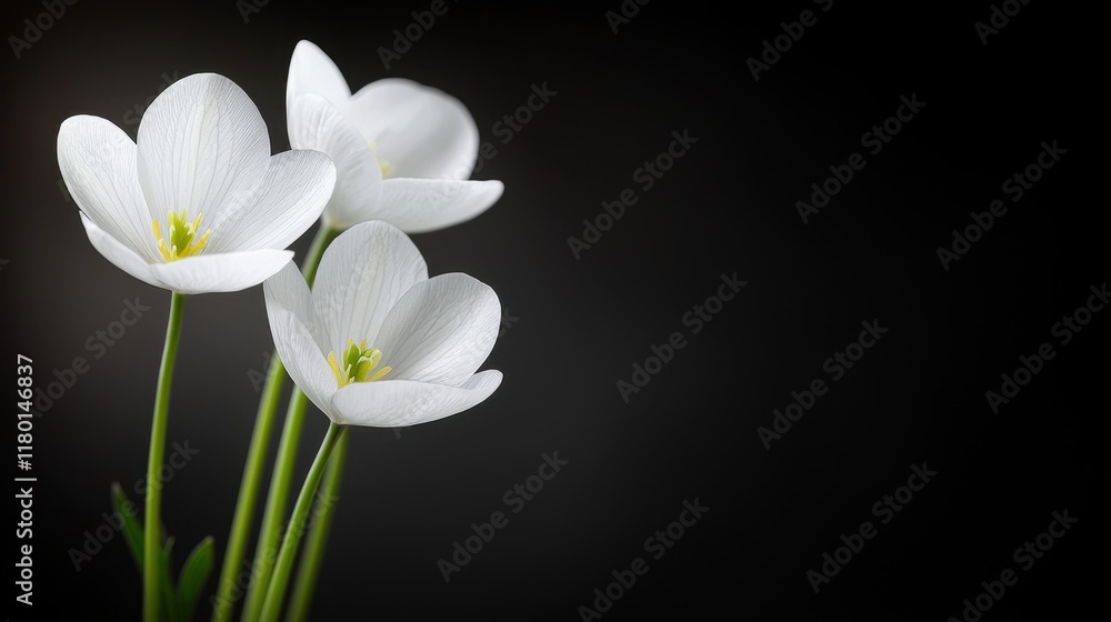 Fototapeta premium Three white flowers in a vase on a black background