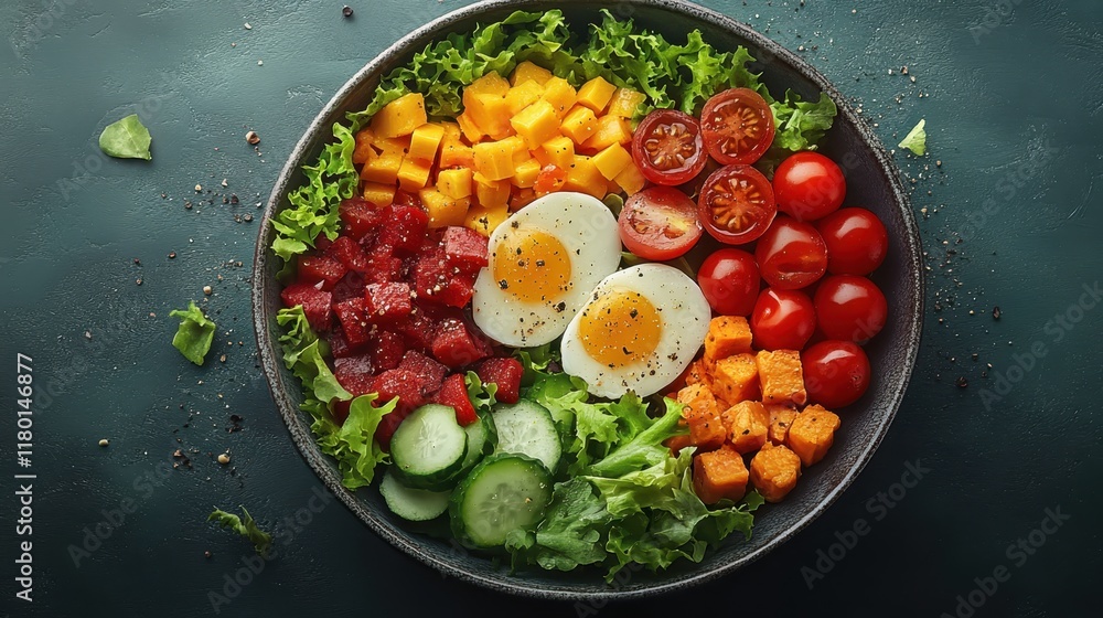 A top-down view of a healthy salad bowl with fresh ingredients and a large empty space in the center for text on dark background A top-down view of a healthy salad bowl with fresh ingredients and a large empty space in the center for text on dark background