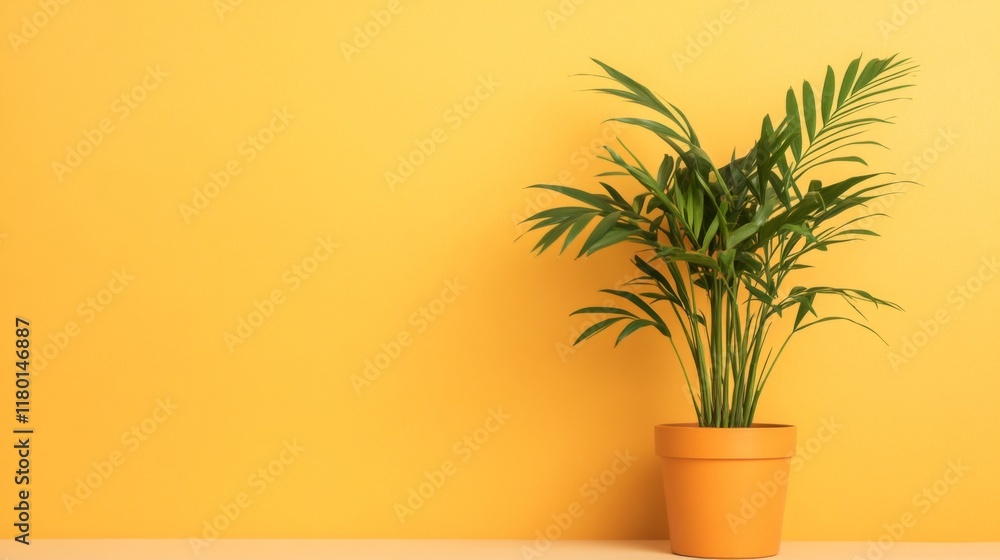Fototapeta premium Potted parlor palm plant against yellow background.