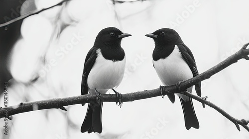 A pair of magpies perched on a tree branch, with their striking black and white feathers. Perfect for wildlife and bird lovers.  photo