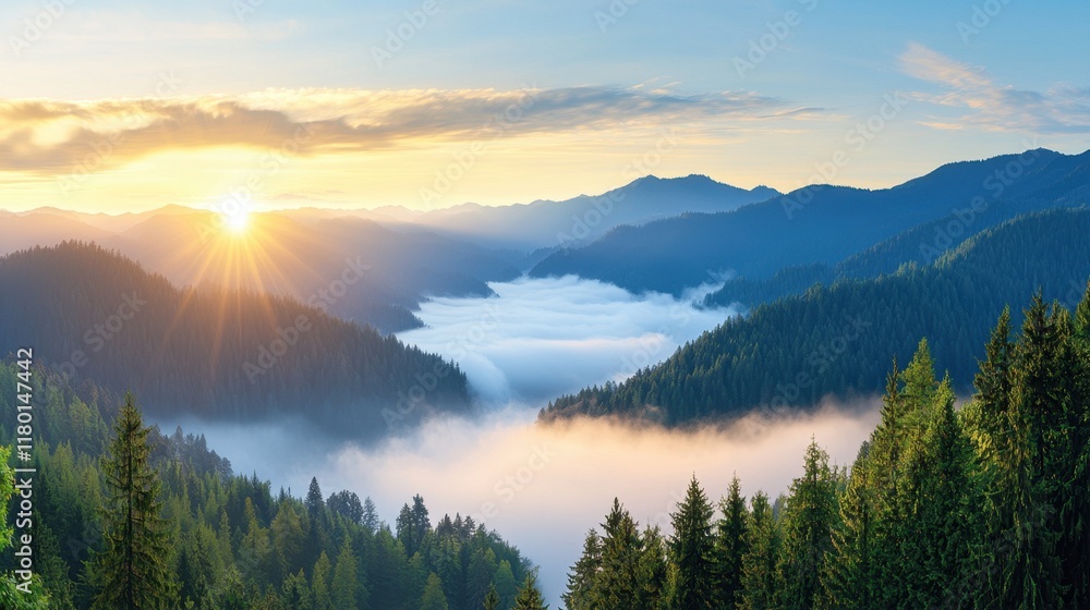 Obraz premium A view of a mountain range covered in fog and trees
