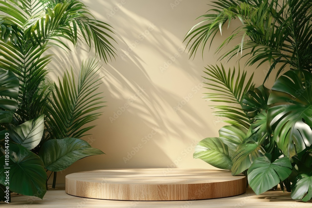 Fototapeta premium Empty round wooden podium surrounded by tropical plants and palm leaves for cosmetic product display