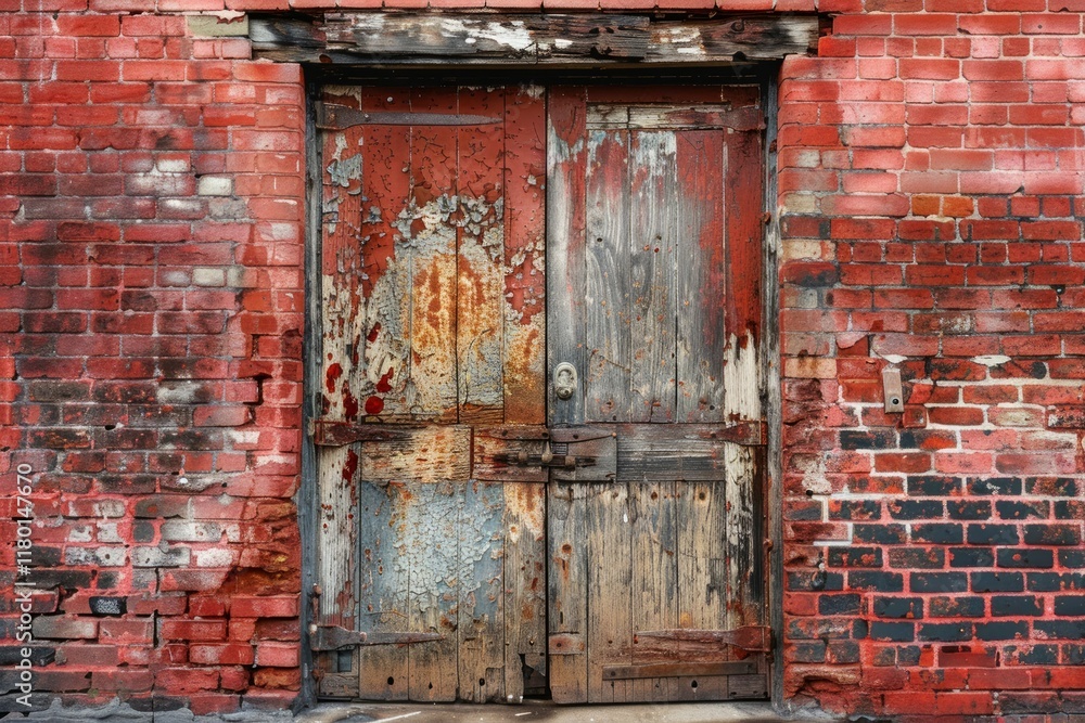 Red brick wall with old rustic weathered door in european city. Detailed photo textured background Red brick wall with old rustic weathered door in european city. Detailed photo textured background