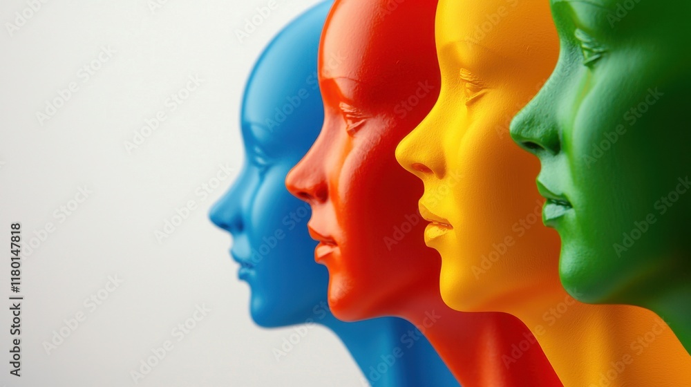 Fototapeta premium A row of colorful mannequins with their faces facing each other