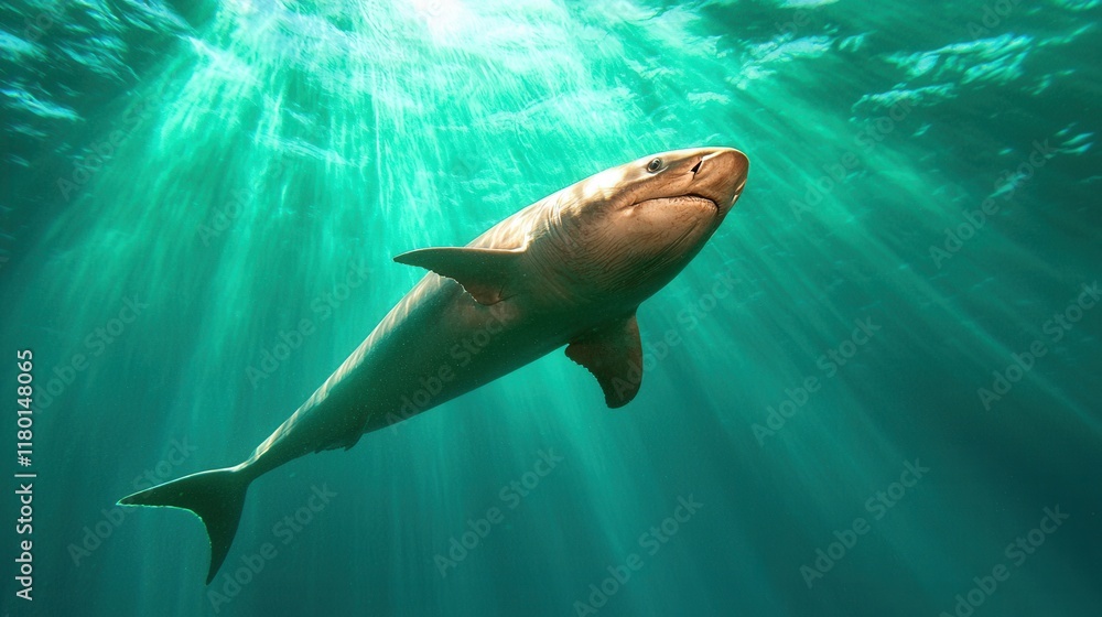 Fototapeta premium A large shark swimming in the ocean with sunlight shining through the water