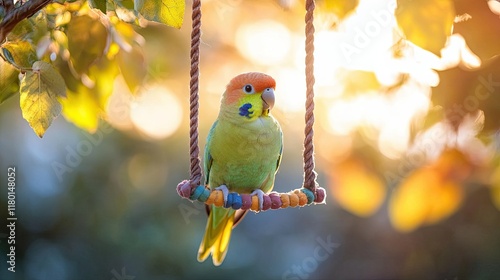 A parakeet perched on a colorful swing, showcasing its playful nature. Ideal for pet bird photography.  photo