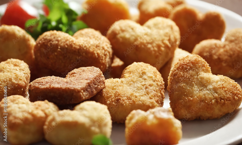 Heart-shaped nuggets served on a white plate garnished with fresh greens and a slice of tomato. Valentine’s Day idea, date, engagement party, love party, eat, food Heart-shaped nuggets served on a white plate garnished with fresh greens and a slice of tomato. Valentine’s Day idea, date, engagement party, love party, eat, food