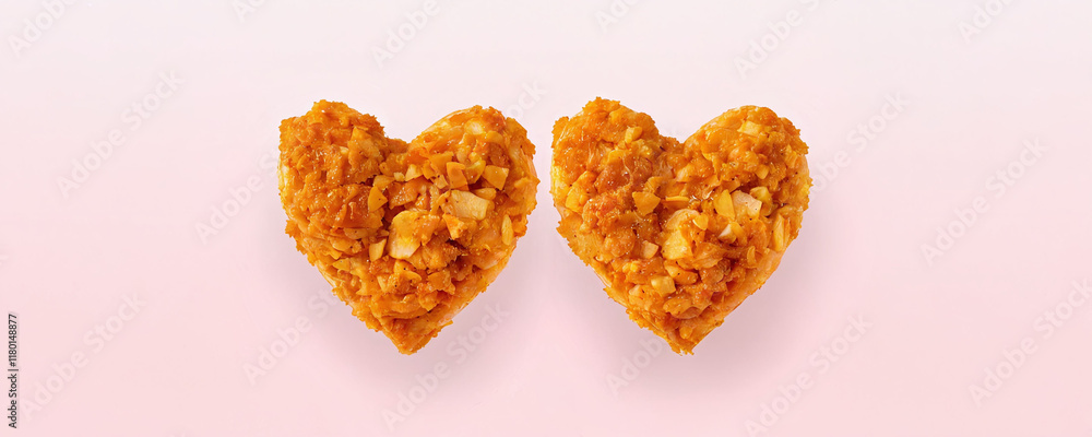 Unique heart-shaped snacks made from nuggets in a playful arrangement for a fun culinary experience. Valentine’s Day idea, date, engagement party, love party, eat, food Unique heart-shaped snacks made from nuggets in a playful arrangement for a fun culinary experience. Valentine’s Day idea, date, engagement party, love party, eat, food