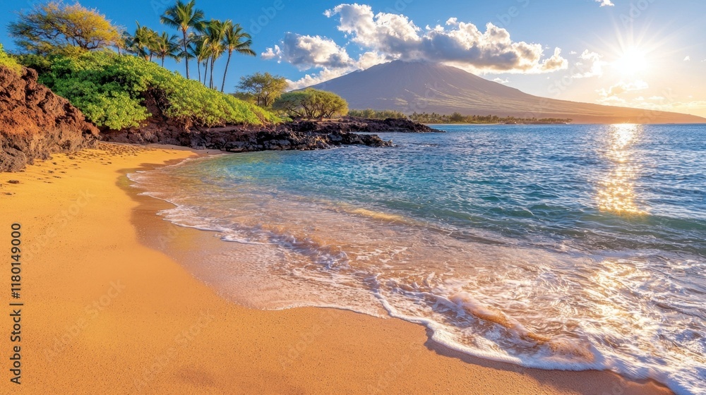 Obraz premium A sandy beach with palm trees and a mountain in the background