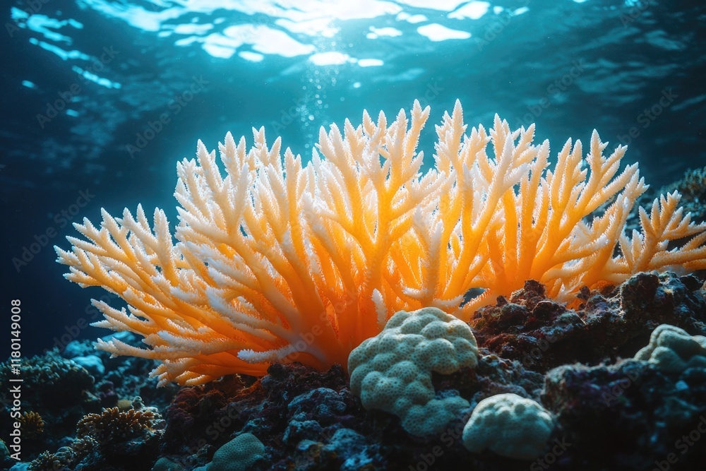 A bright orange sea anemone clings to the coral reef, home to many marine creatures A bright orange sea anemone clings to the coral reef, home to many marine creatures