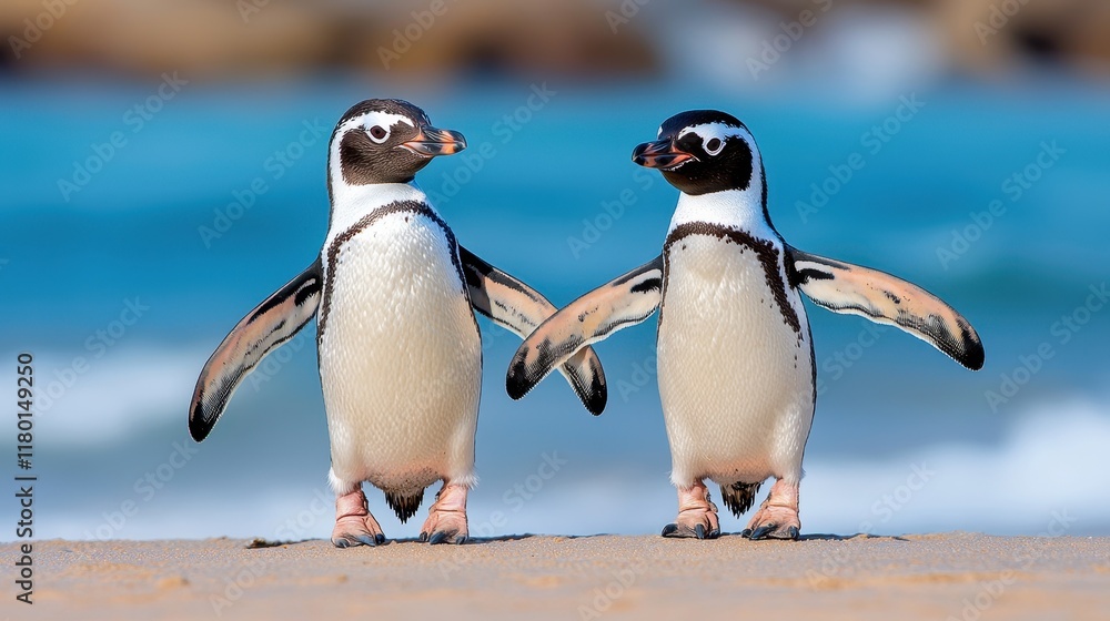 Fototapeta premium Two penguins standing next to each other on a beach