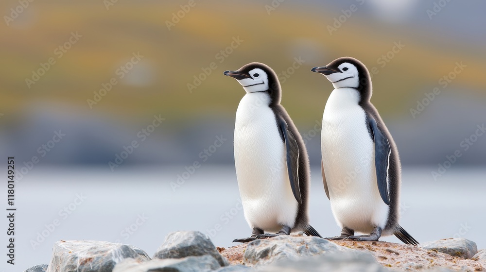 Obraz premium Two penguins standing on a rock by the water