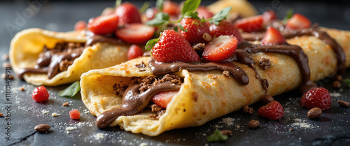 Delicious French crepes topped with fresh strawberries and chocolate sauce, beautifully plated on a slate surface, evoking a sense of indulgence and culinary delight