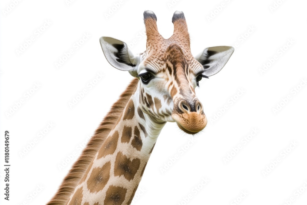 A close-up view of a giraffe's face on a white background A close-up view of a giraffe's face on a white background