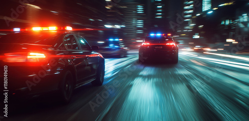 Obraz na płótnie High-speed police chase on wet city streets with dramatic lights and urban background at night w salonie