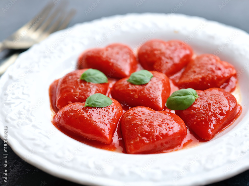 Delicious heart-shaped ravioli in vibrant red sauce garnished with fresh basil leaves served on a decorative plate. Valentine’s Day idea, date, engagement party, love party, eat, food Delicious heart-shaped ravioli in vibrant red sauce garnished with fresh basil leaves served on a decorative plate. Valentine’s Day idea, date, engagement party, love party, eat, food